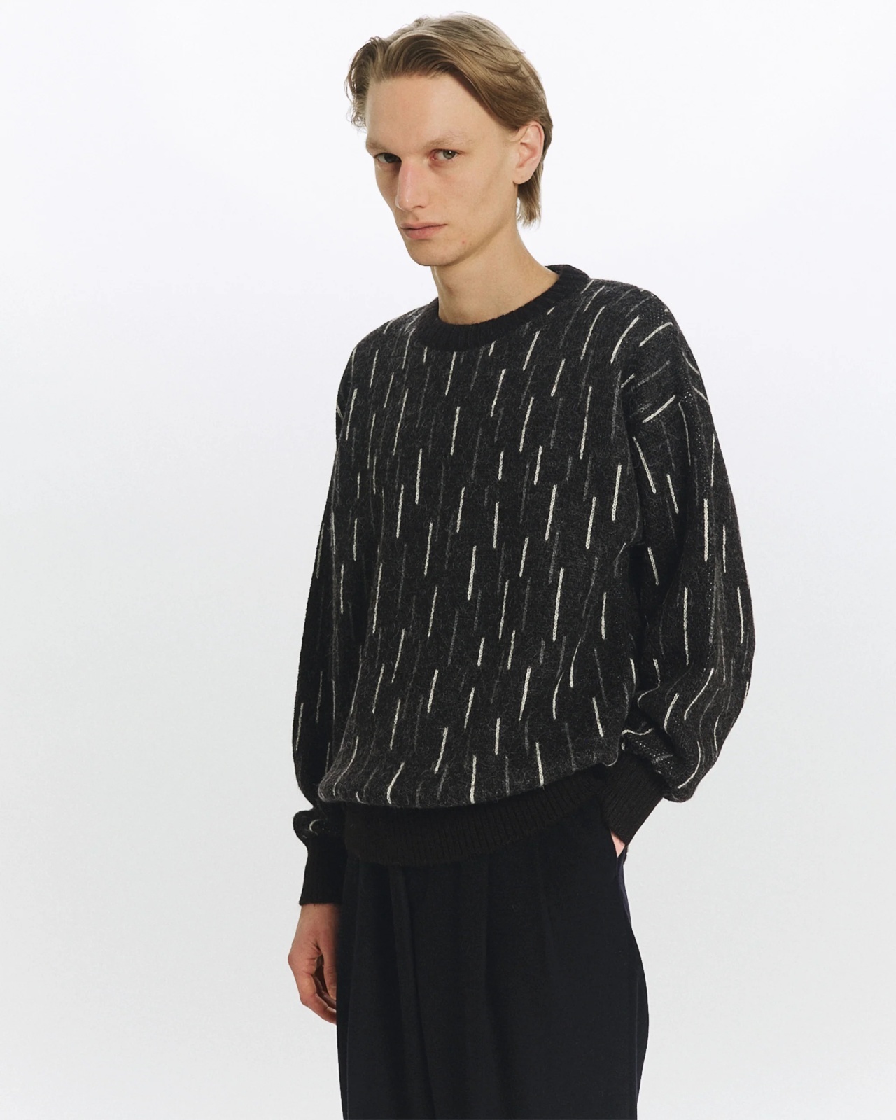 【MARKAWARE(マーカウェア)】Natural Colar Alpaca Rain Drop Pattern Jumpe　”natural black mix”